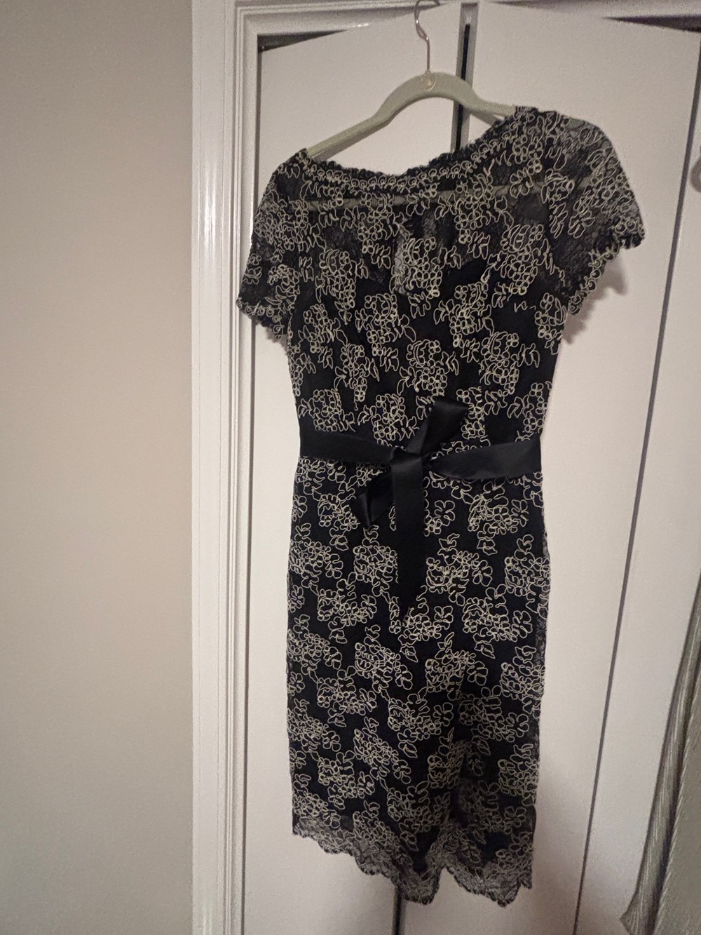 SHAN Black Dress with Cream Lace Overlay and Satin Waist Tie